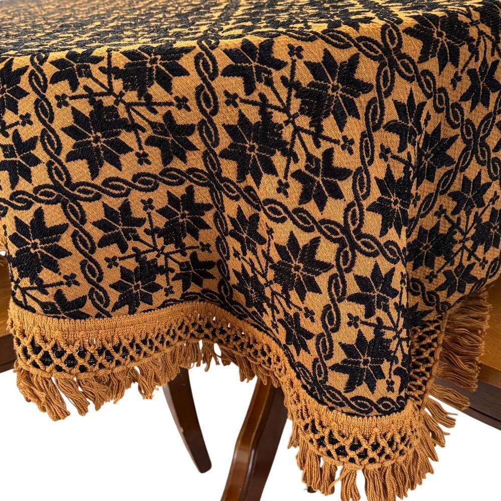 Vintage Bates Black Brown Oval Fringed Tablecloth 64x108" Pompeii Masterpiece
